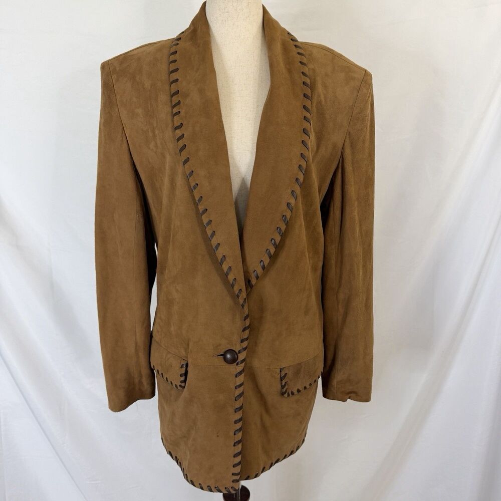 Vintage 90s Vakko Brown Leather Blazer style Jacket Small Whip Stitch Detail